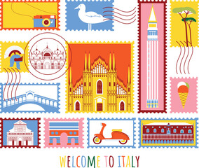 Welcome to Italy branding technology concept. Collection of flat vector web icons. Post stamp culture travel set, famous architectures, specialties detailed silhouette. Italian famous landmark