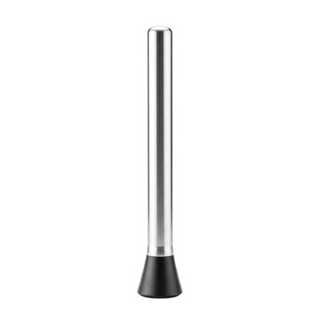 Sleek, highly polished stainless steel cocktail muddler with a textured head and ergonomic handle, isolated on a transparent studio backdrop with even lighting, emphasizing professional design and