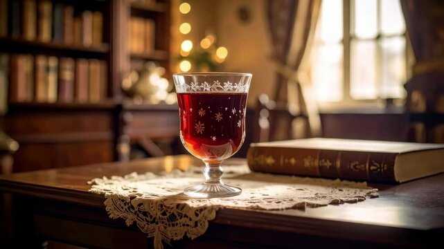 Elegant crystal goblet filled with red wine, standing on a wooden table with lace doily and book in front of a window