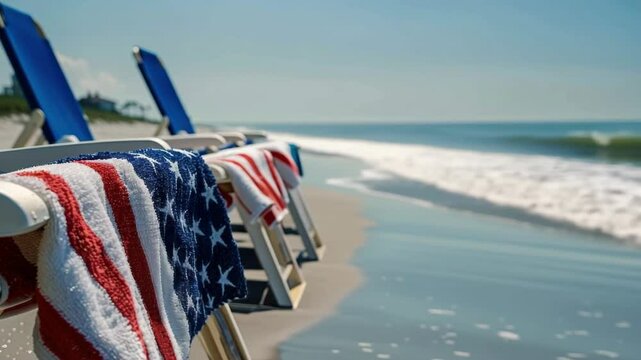 Patriotic Summer Beach Scene with Flag-Themed Towels and Lounge Chairs by the Ocean Shoreline