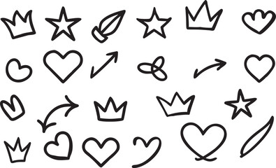 A collection of hand-drawn doodle icons including crowns, stars, hearts, arrows, and other abstract shapes, perfect for various design projects and adding a playful touch.
