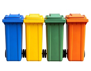 Four colored recycling bins