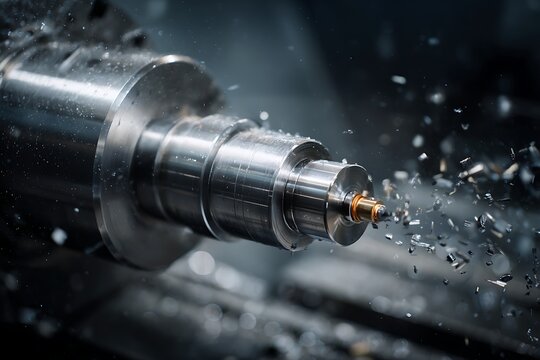 Close up of a metal lathe in operation with metal shavings flying off the workpiece during the machining process