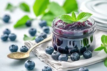 Delicious blueberry jam in a glass jar with fresh blueberries on a gray background