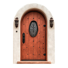 Single Curved Red Clay Front Door with Wrought Iron Accents and Elegant Details