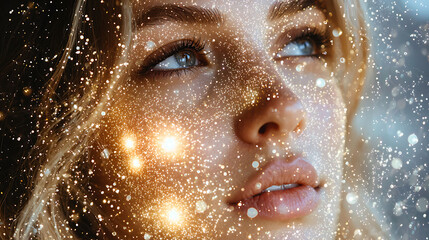 Closeup of a womans face adorned with shimmering golden particles, creating a magical, ethereal effect.  Perfect for beauty, cosmetics, fantasy, and luxury concepts.