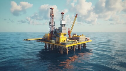 Aerial view of an offshore oil rig platform in the ocean under a blue sky with scattered clouds