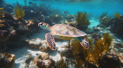 Obraz premium Sea Turtle Gracefully Swimming in Vibrant Coral Reef
