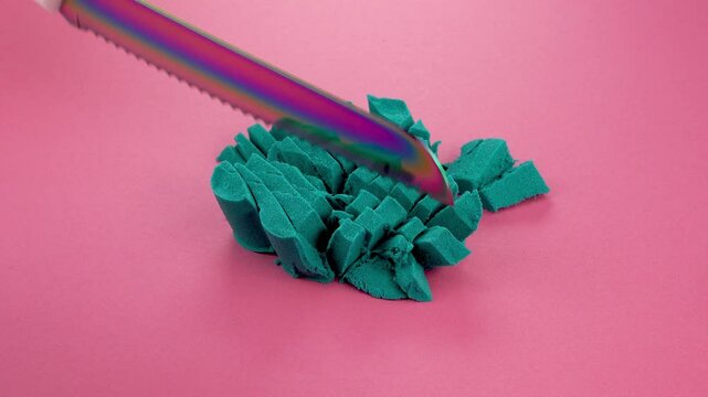 Very Satisfying and Relaxing Kinetic Sand ASMR video. Cutting anti stress macro close up colorful Kinetic Sand with a Knife. ASMR sounds.