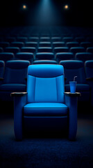 Obraz premium Hyper-real blue movie seat with tray, cinematic theater lighting