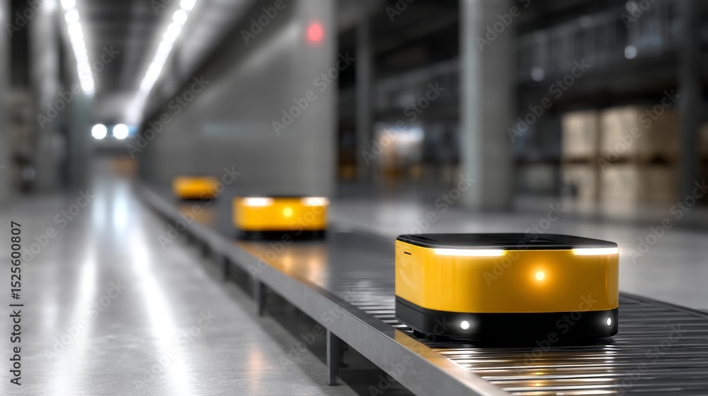 Poster automated robots moving items along a conveyor. these yellow robots indicate modern warehouses. they
