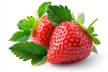 Two fresh strawberries with green leaves isolated on white background