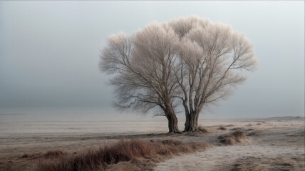 A lone tree, its branches delicately coated in frost, stands silhouetted against a misty, pale landscape.  The serene scene evokes a sense of quiet solitude and winter's gentle touch.