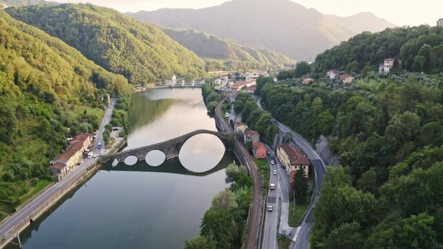 Aerial view of Ponte della Maddalena (Devil's Bridge) and the Serchio river, near Borgo a Mozzano, in the Lucca province.