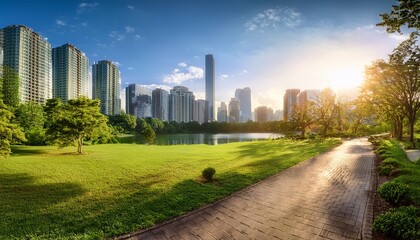 Fototapeta premium picturesque park path leading to a serene lake with a backdrop of towering city skyscrapers lush greenery and sunlight illuminate the scene