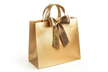 Gold gift bag with golden bow isolated on white background