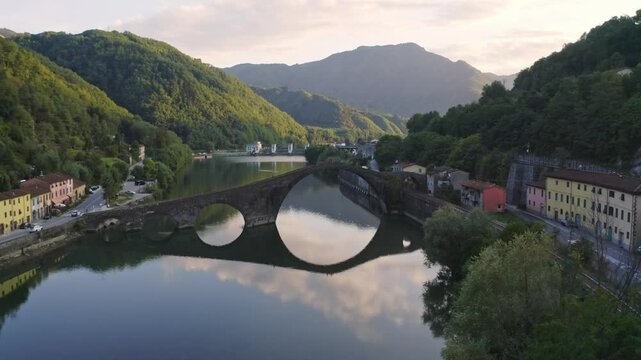 Aerial view of Ponte della Maddalena (Devil's Bridge) and the Serchio river, near Borgo a Mozzano, in the Lucca province.