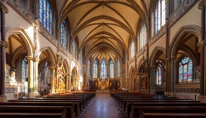 Fototapeta premium a majestic renaissance cathedral interior with high vaulted ceilings detailed stained glass windows and soft light casting dramatic shadows