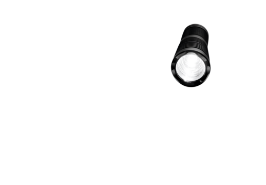 A flashlight with its beam facing forward, on a white background, in a front view, in a simple style, at high resolution