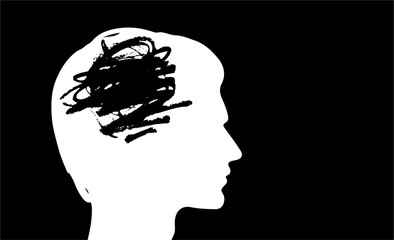 Silhouette of a Man Profile with Scribbles Inside His Head, Representing Mental Chaos, Creativity, and Abstract Thought