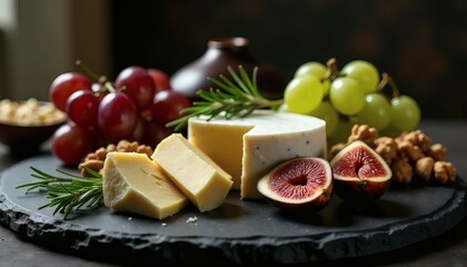 Assorted cheeses in an elegant and refined style with fresh fruits, nuts and herbs on a dark background in a rustic style