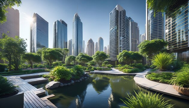 urban oasis with modern skyscrapers and serene garden lush green landscaping pathways and a tranquil pond create a peaceful escape amidst towering city structures