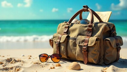 A rugged canvas cargo bag overflowing with summer essentials sits on a sandy beach, sun-drenched and ready for adventure Seashells, sunglasses, and a worn map peek from the open top , essentials, sun