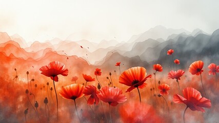 Serene Poppy Meadow Watercolor Panorama