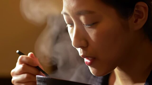 Closeup of person eating asian food