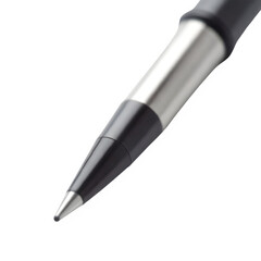 Photorealistic black ink ballpoint pen close-up on transparent background, smooth gradient blending, detailed focus, seamless color transition, sharp and clean white backdrop.

