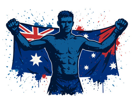 Australian box fighter. MMA boxer with national flag. Vector illustration in graffiti style