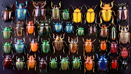 Obraz premium colorful display of various beetle species arranged in a neat grid on a black background