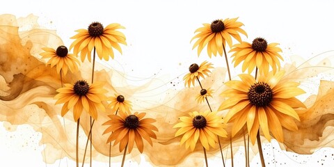 Serene Rudbeckia Watercolor Panorama - Gold & Chocolate Hues