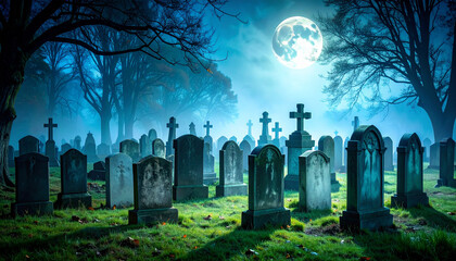 Generative AI Halloween Eerie Graveyard Scene, Moonlight, Ghosts, and Cracked Tombstones - A Spooky Digital Artwork