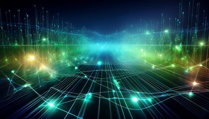 abstract green and blue digital network with glowing nodes in a serene background
