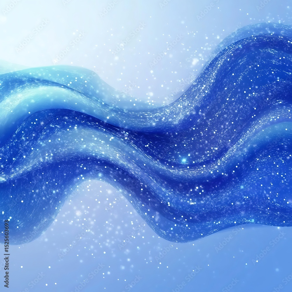 Poster abstract blue wave with sparkling particles flowing across a light blue and white gradient backgroun