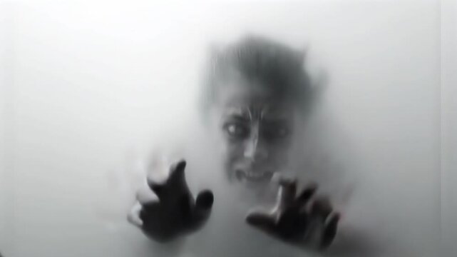 two hands behind foggy glass and a face screaming in terror is pressed on the foggy glass