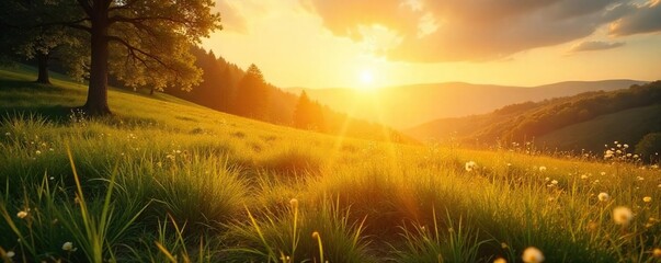 Serene landscape bathed in golden sunlight, conveying a sense of divine peace and spiritual connection with nature Perfect for themes of faith, hope, and tranquility , beauty, trees