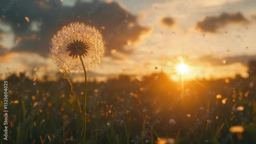 Poster a single dandelion standing tall in a bright green field as the sun sets behind it