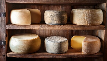 aged cheese wheels on wooden shelves in rustic cellar