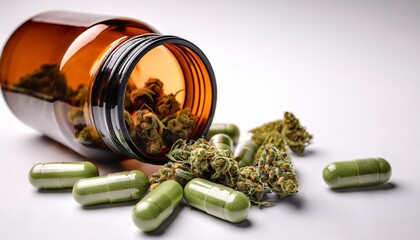 spilled jar of cannabis capsules and buds on white background
