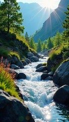 Crystal clear glacial meltwater flows down a rocky mountain stream in springtime, reflecting the bright sun The vibrant green of new growth frames the rushing water , ecology, stones, landscape