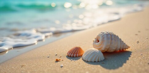 Close-up of seashells on a sandy beach, gentle waves lapping the shore, creating a peaceful and tranquil soundscape ideal for relaxation and mindfulness , maritime, sea, seashore
