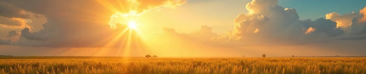 Golden sunlight streams through fluffy clouds onto a tranquil landscape, painting the scene in warm, vibrant hues Perfect for travel, vacation, or inspirational projects , joy, paradise