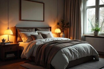 A cozy bedroom scene, soft lighting, inviting bed with pillows and blankets, bedside table with a lamp and book, ready for a restful night's sleep , book, decor, serene