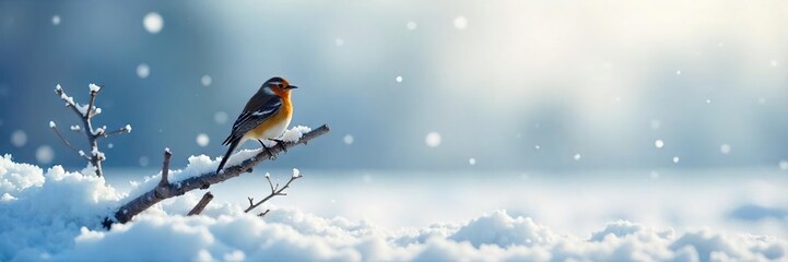 A lone bird perched on a branch, isolated in a vast, snowy landscape The stark contrast emphasizes solitude and the beauty of isolation in nature , peaceful, stillness
