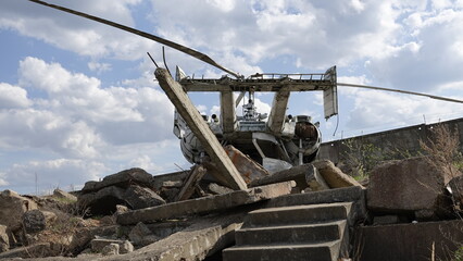 Fototapeta premium Helicopter crash. The helicopter fell on a residential house. Crash involving a helicopter. Debris.