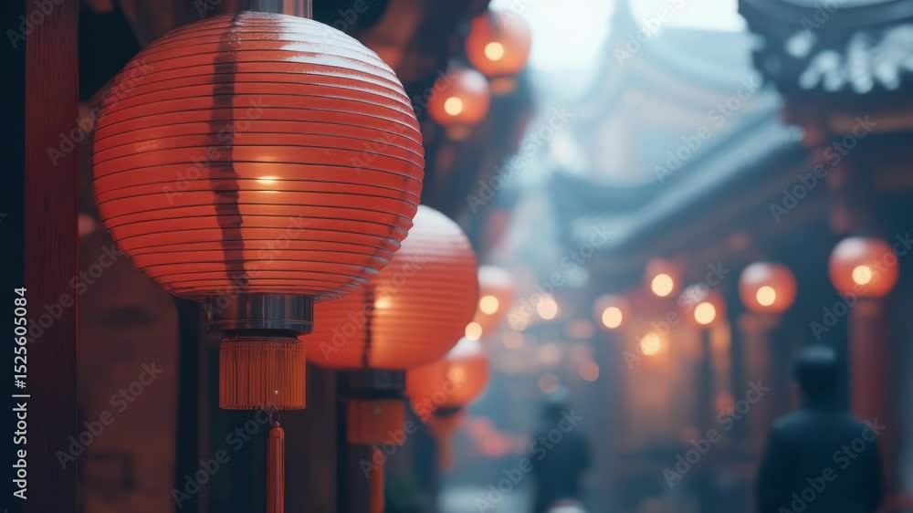 Aufkleber A row of red lanterns hangs from the side of a building, adding a pop of color to the architecture