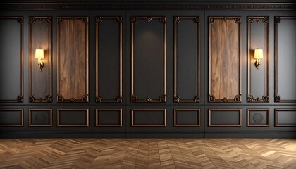 Dark, ornate wall panels with wood accents