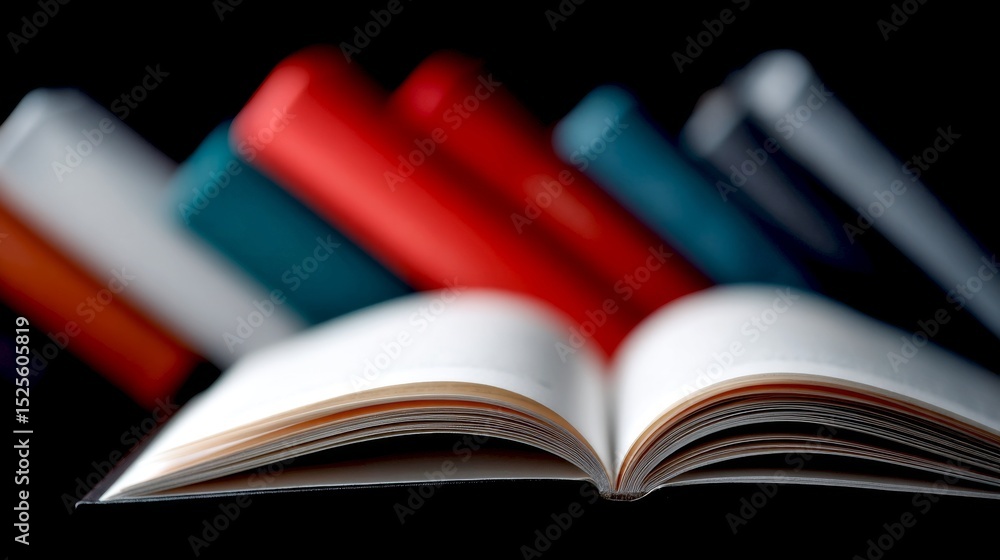 Poster an open book sits boldly in focus while colorful, blurred books line the background. this visually s